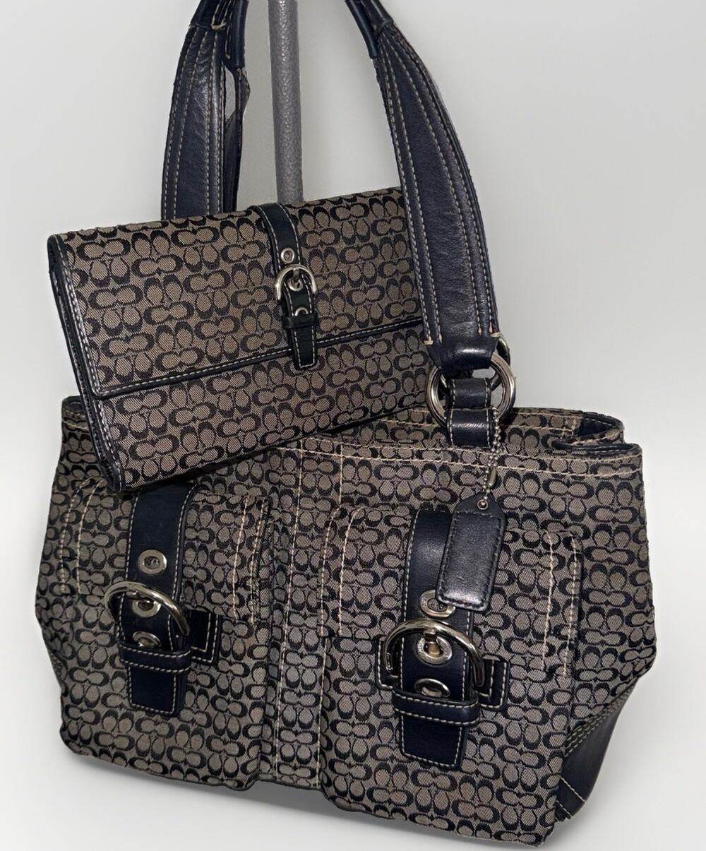 Vtg Coach Signature SoHo Black Gray Canvas Mini C Logo & Matching Wallet Set
